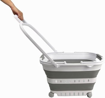 35L Collapsible Basket with Handle Wheels White/Grey