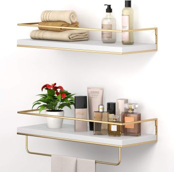 White Floating Shelves Set 2 Golden Towel Rack 15.7"
