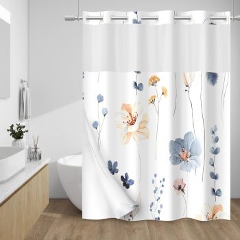 No Hook Watercolor Floral Shower Curtain Liner Blue Beige 71x74
