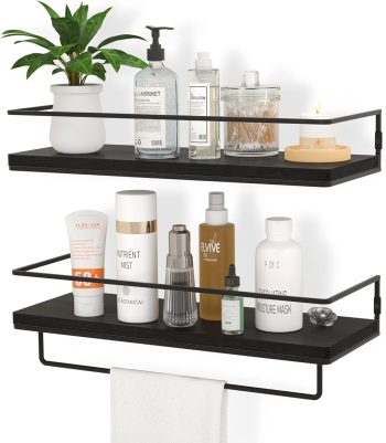 Floating Shelves Set 2 with Towel Rack Black