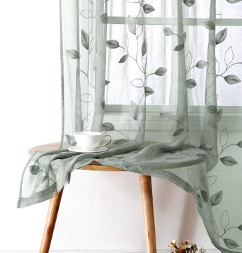 Sage Green Embroidered Leaf Sheer Curtains 52x63 2 Panels