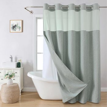 No Hooks Linen Textured Shower Curtain Liner Set Sage 71x74