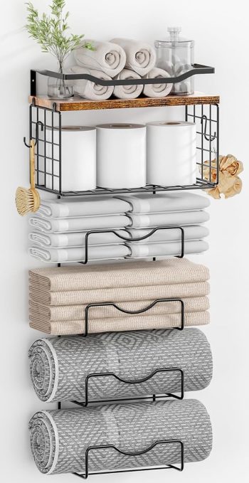 6 Tier Towel Rack with Floating Shelves Metal Wood