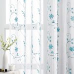 White Blue Embroidered Floral Sheer Curtains 84" 2 Panels