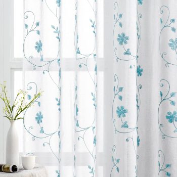 White Blue Embroidered Floral Sheer Curtains 84" 2 Panels