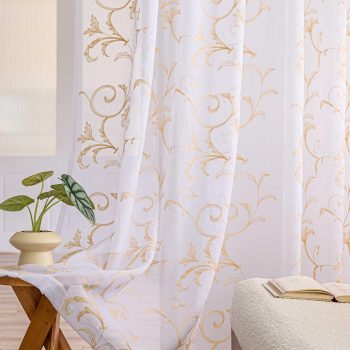 Sheer Curtains White-Beige 45" Floral Embroidery 2 Panels