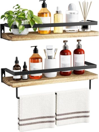 Bathroom Floating Shelves with Towel Bar Light Brown Set 2