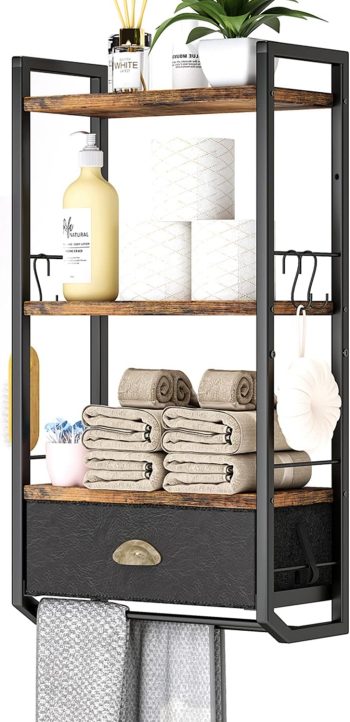 3 Tier Towel Rack with Drawer Towel Bars Rustic Black Brown