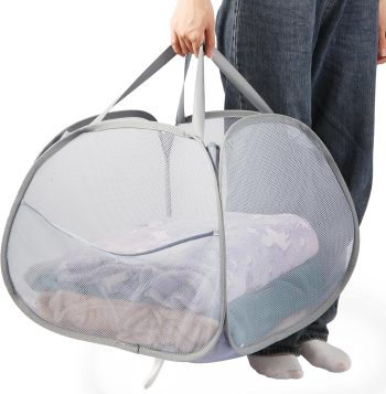 90L Large Collapsible Laundry Basket Grey Mesh
