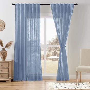 Linen Sheer Curtains 84" Dusty Blue Rod Pocket 2 Panels