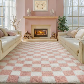 Pink White Plaid Shag Rug 8x10 Washable
