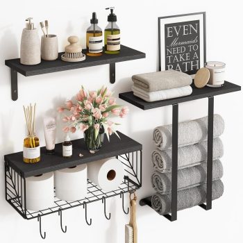 Over Toilet Floating Shelves with Towel Rack Black